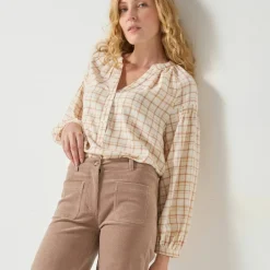 Blouse imprimée carreaux flanelle, manches 7/8