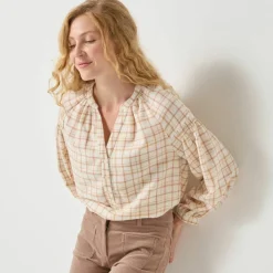 Blouse imprimée carreaux flanelle, manches 7/8