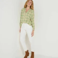 Blouse imprimée carreaux flanelle, manches 7/8