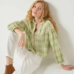 Blouse imprimée carreaux flanelle, manches 7/8