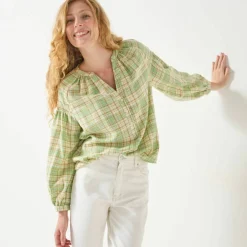 Blouse imprimée carreaux flanelle, manches 7/8