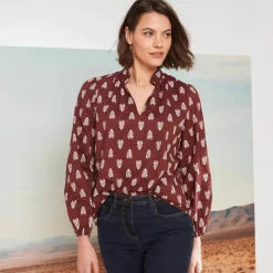 Blouse imprimée col montant, manches blousantes
