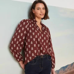 Blouse imprimée col montant, manches blousantes