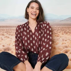 Blouse imprimée col montant, manches blousantes