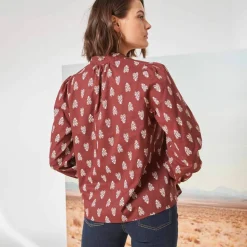 Blouse imprimée col montant, manches blousantes
