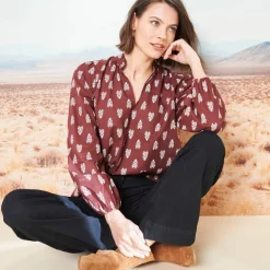Blouse imprimée col montant, manches blousantes