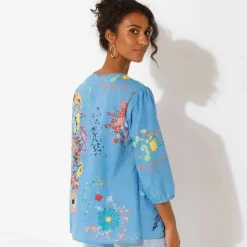 Blouse imprimée fleurs, détails brodés