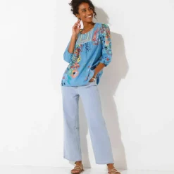 Blouse imprimée fleurs, détails brodés