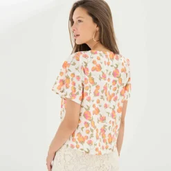 Blouse imprimée fleurs, noeud fantaisie