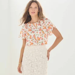 Blouse imprimée fleurs, noeud fantaisie