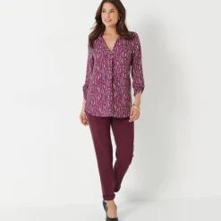 Blouse imprimé graphique col tunisien, crêpe