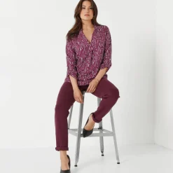 Blouse imprimé graphique col tunisien, crêpe