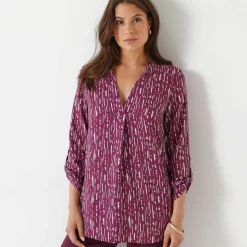 Blouse imprimé graphique col tunisien, crêpe