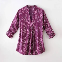 Blouse imprimé graphique col tunisien, crêpe