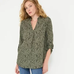 Blouse imprimé graphique col tunisien, crêpe