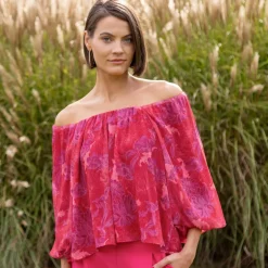Blouse élastiquée manches blousantes, mousseline imprimé fleuri