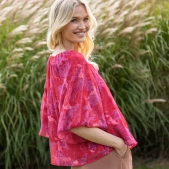 Blouse élastiquée manches blousantes, mousseline imprimé fleuri