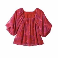 Blouse élastiquée manches blousantes, mousseline imprimé fleuri