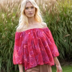 Blouse élastiquée manches blousantes, mousseline imprimé fleuri
