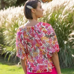 Blouse élastiquée manches blousantes, mousseline multicolore