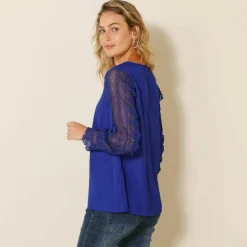 Blouse macramé col V manches longues, crêpe fluide