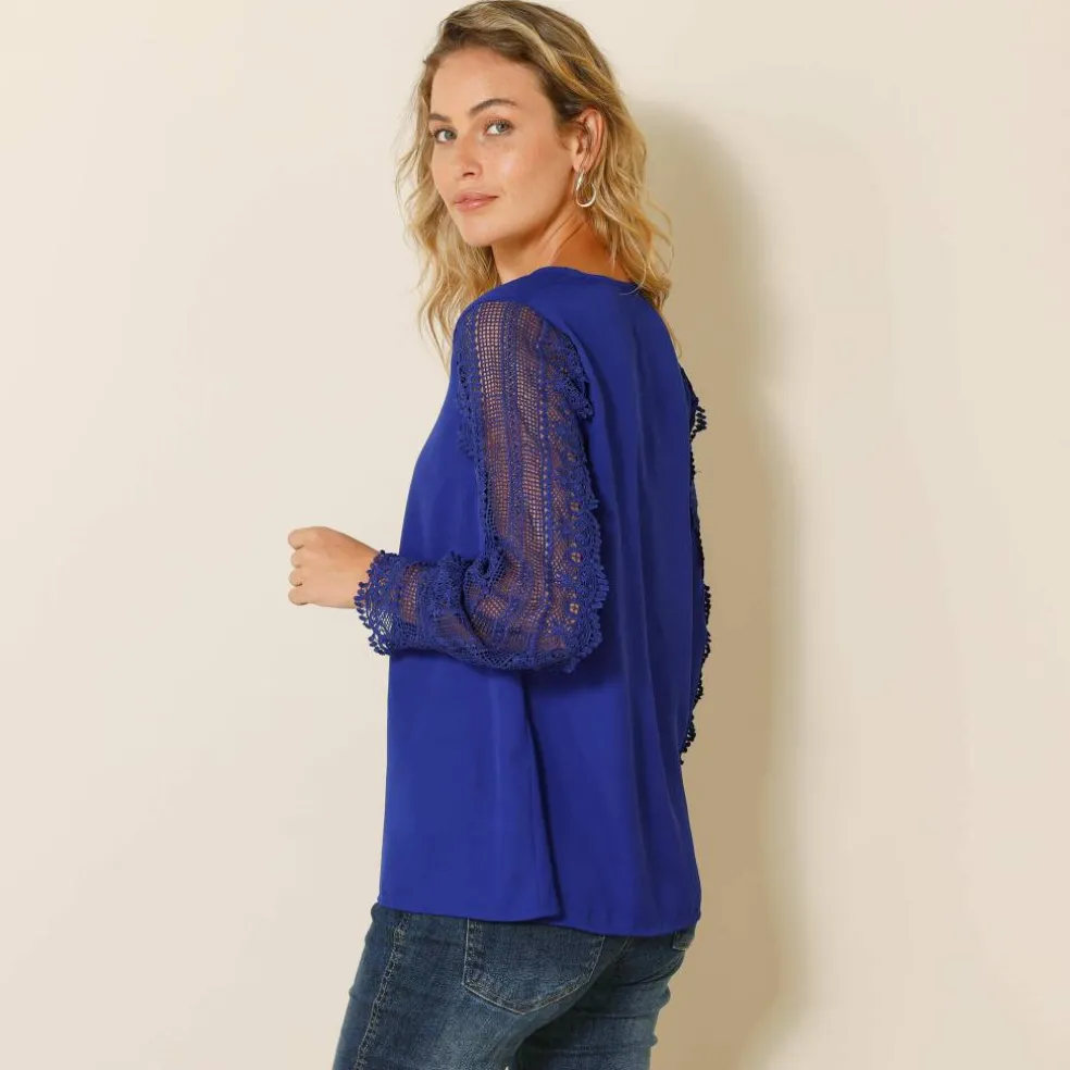 Blouse macramé col V manches longues, crêpe fluide