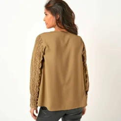 Blouse macramé col V manches longues, crêpe fluide