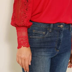 Blouse macramé col V manches longues, crêpe fluide
