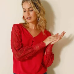 Blouse macramé col V manches longues, crêpe fluide