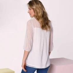 Blouse macramé unie, voile plumetis