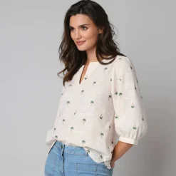 Blouse manches 3/4, broderies palmiers
