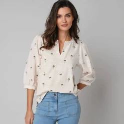 Blouse manches 3/4, broderies palmiers
