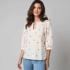 Blouse manches 3/4, broderies palmiers