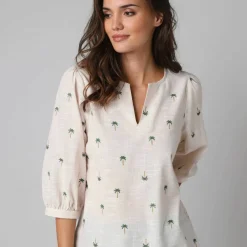Blouse manches 3/4, broderies palmiers