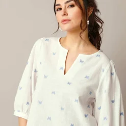 Blouse manches 3/4, broderies papillons