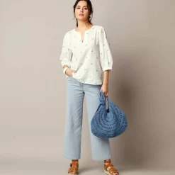 Blouse manches 3/4, broderies papillons