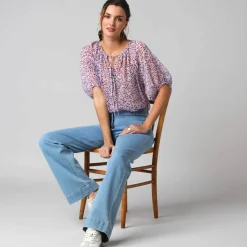 Blouse manches coude voile chiffon, col froncé