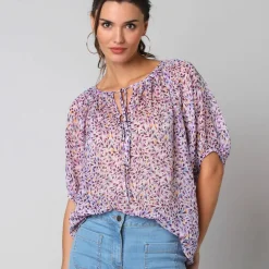 Blouse manches coude voile chiffon, col froncé