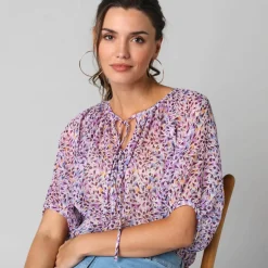 Blouse manches coude voile chiffon, col froncé