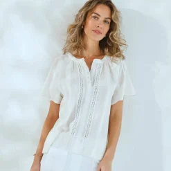 Blouse manches courtes finitions en macramé, unie