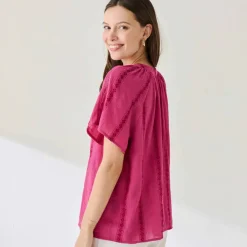 Blouse manches courtes finitions en macramé, unie