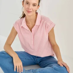 Blouse manches courtes à revers, rayures bicolores