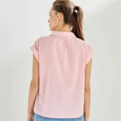 Blouse manches courtes à revers, rayures bicolores