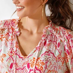 Blouse smockée col volanté, voile imprimée