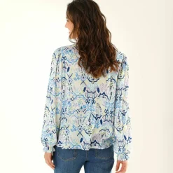 Blouse smockée col volanté, voile imprimée