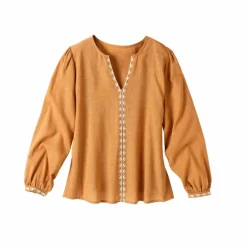 Blouse unie brodée en coton, col fendu