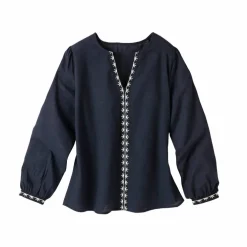 Blouse unie brodée en coton, col fendu