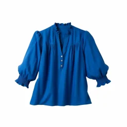 Blouse unie col tunisien, manches coudes smockées