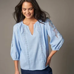Blouse unie macramé, manches brodées
