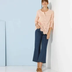 Blouse unie manches 3/4, broderie anglaise